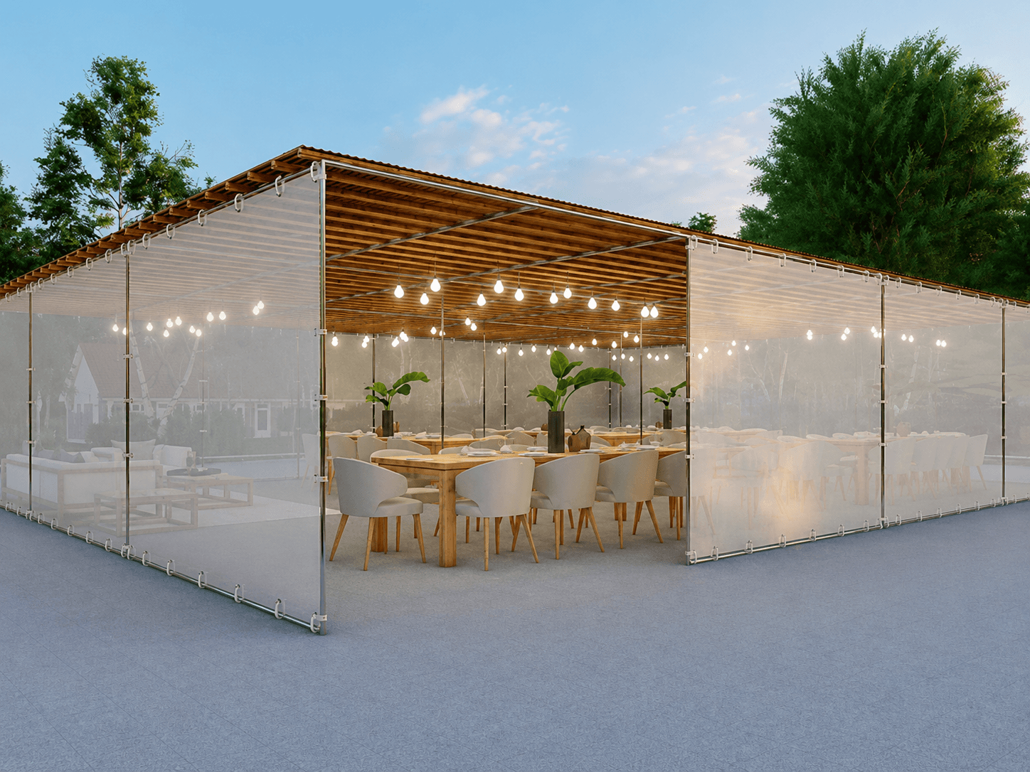A furnished outdoor Sukkah wall installation prepared for dining
