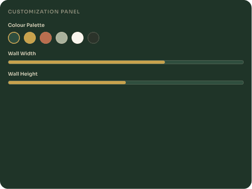 A design setup panel showing wall width and wall height controls