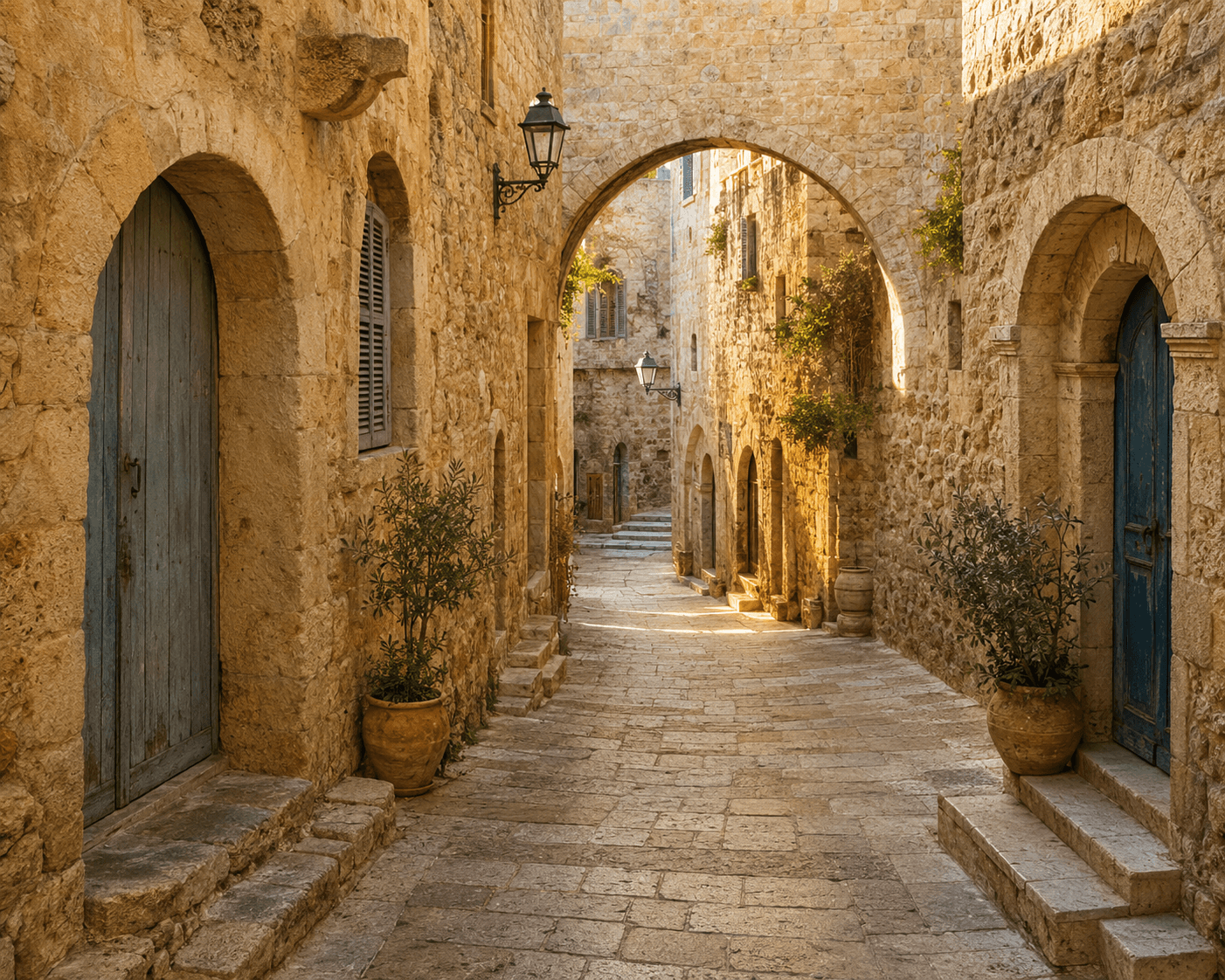 Sunlit stone archway mural inspired by an ancient Mediterranean alley